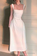 Sleeveless Square Neck Homecoming Dress Ruched A-Line Midi Dress