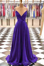 A-line V Neck Spaghetti Straps Sweep Train Charmeuse Prom Dresses With Pleated