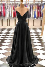 A-line V Neck Spaghetti Straps Sweep Train Charmeuse Prom Dresses With Pleated