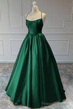 A-line Sleeveless Square Neckline Long/Floor-Length Satin Prom Dresses