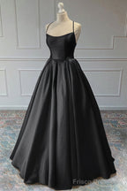 A-line Sleeveless Square Neckline Long/Floor-Length Satin Prom Dresses