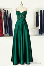 A-line Sweetheart Spaghetti Straps Long/Floor-Length Satin Prom Dresses With Appliqued Pockets