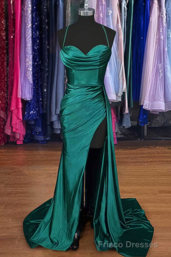 A-line Sweetheart Spaghetti Straps Sweep Train Silk like Satin Ruched Prom Dresses