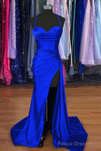 A-line Sweetheart Spaghetti Straps Sweep Train Silk like Satin Ruched Prom Dresses