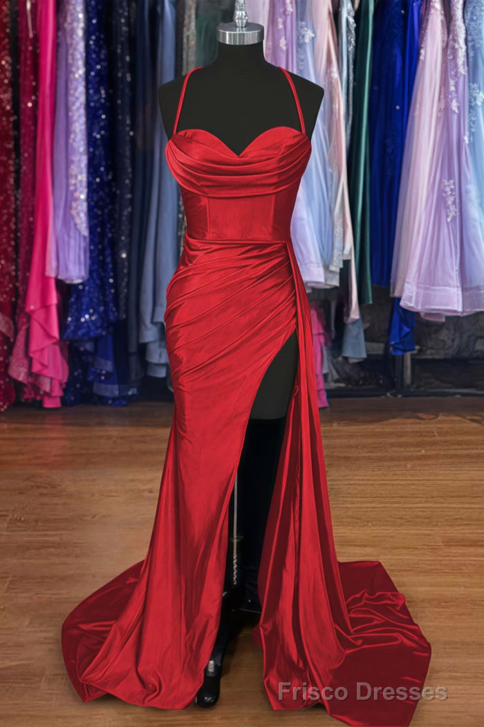 A-line Sweetheart Spaghetti Straps Sweep Train Silk like Satin Ruched Prom Dresses