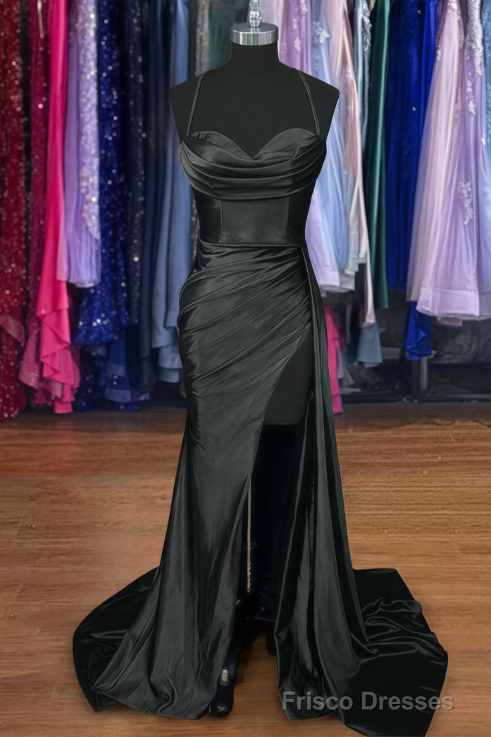 A-line Sweetheart Spaghetti Straps Sweep Train Silk like Satin Ruched Prom Dresses