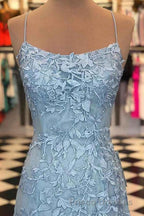 Blue Spaghetti Straps Backless Appliques Formal Prom Dress