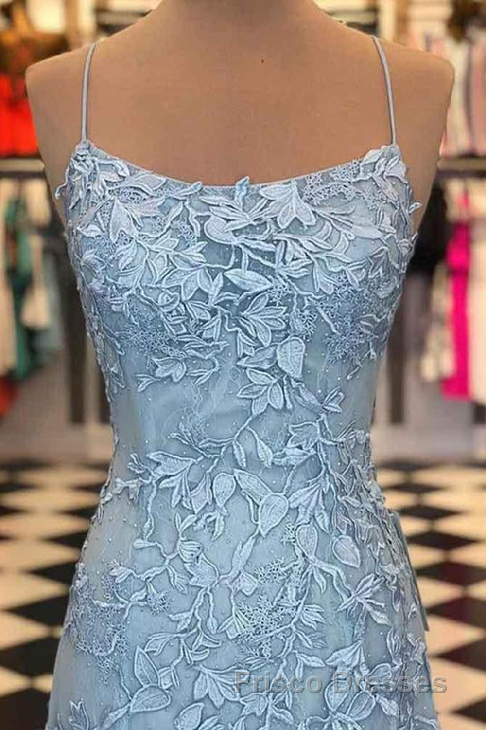 Blue Spaghetti Straps Backless Appliques Formal Prom Dress