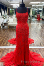 Blue Spaghetti Straps Backless Appliques Formal Prom Dress