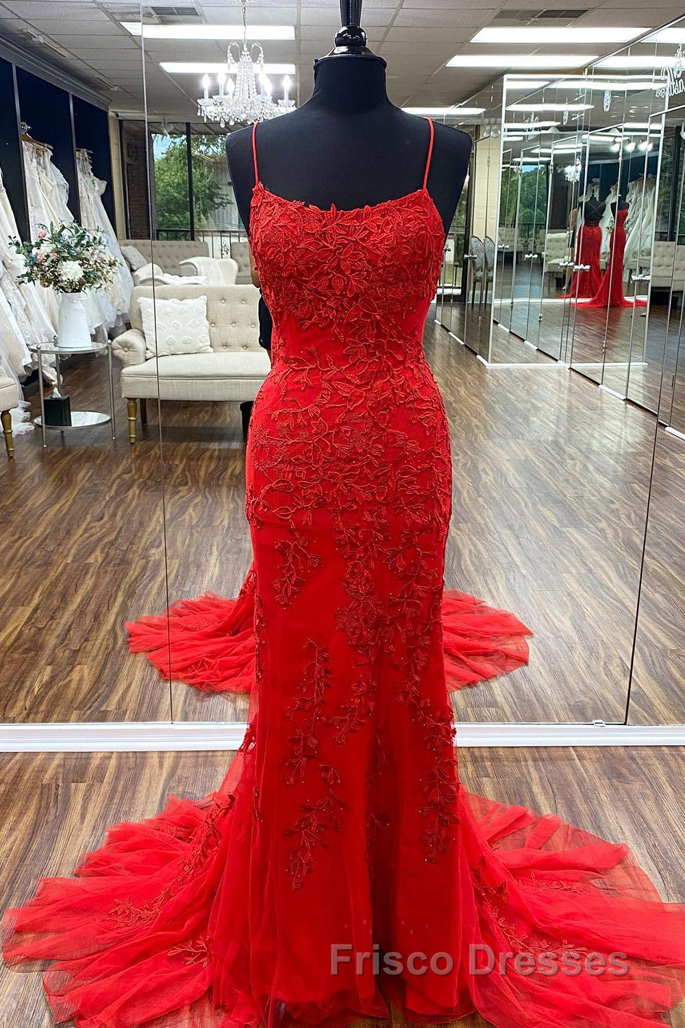 Blue Spaghetti Straps Backless Appliques Formal Prom Dress