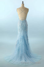 Blue Spaghetti Straps Backless Appliques Formal Prom Dress