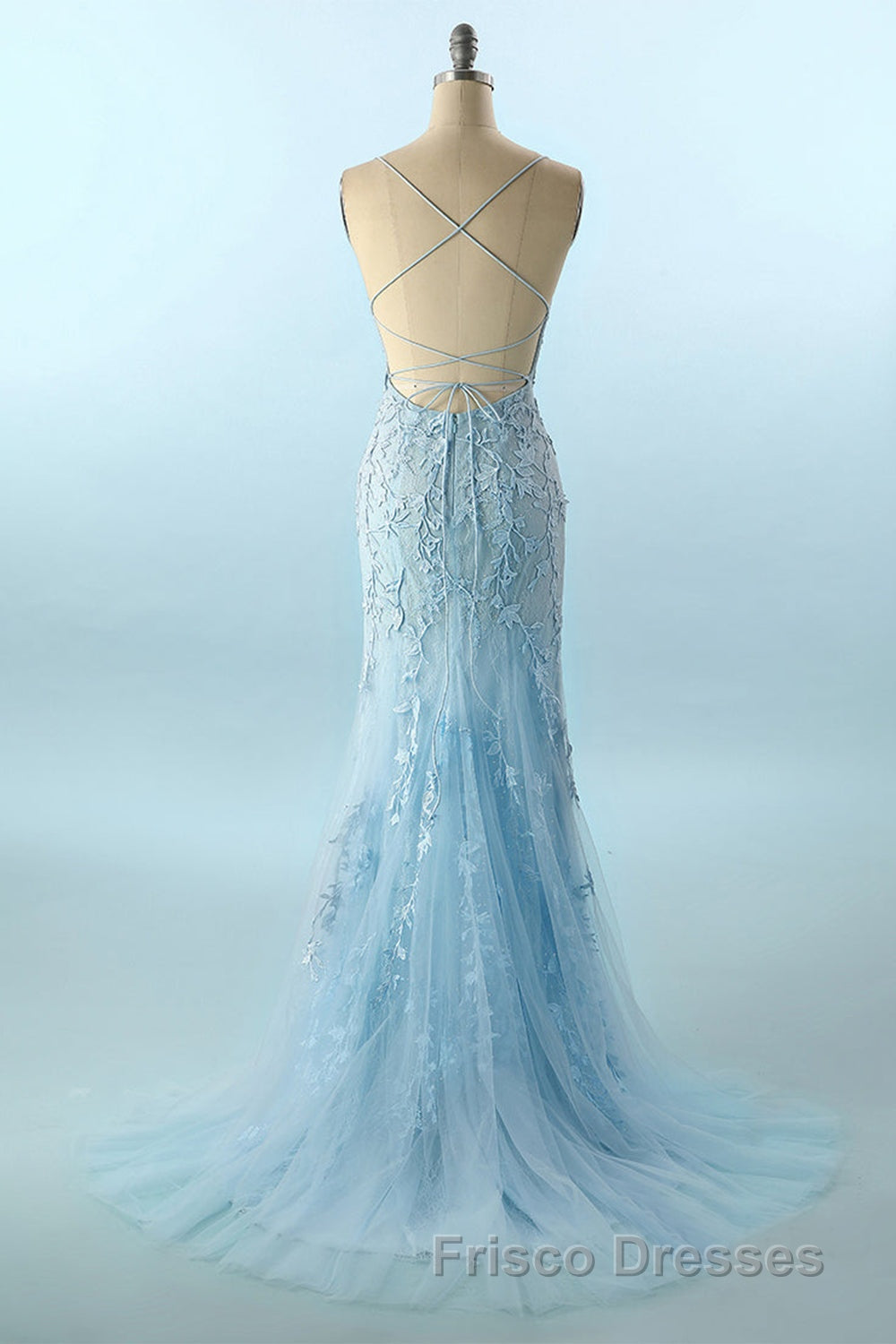 Blue Spaghetti Straps Backless Appliques Formal Prom Dress