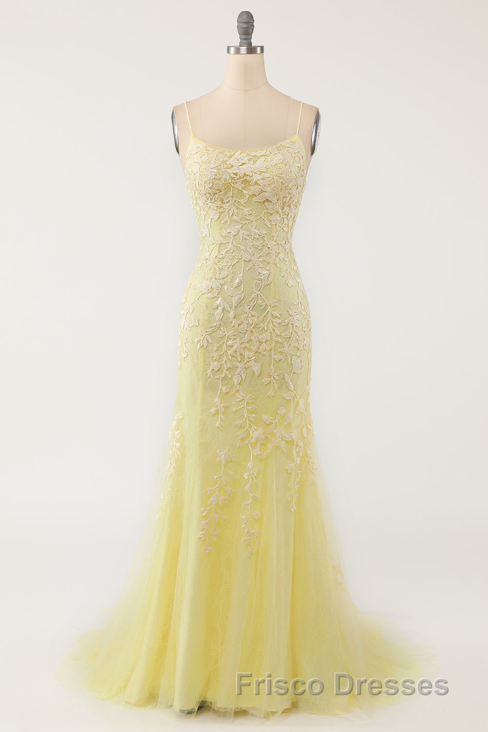 Blue Spaghetti Straps Backless Appliques Formal Prom Dress