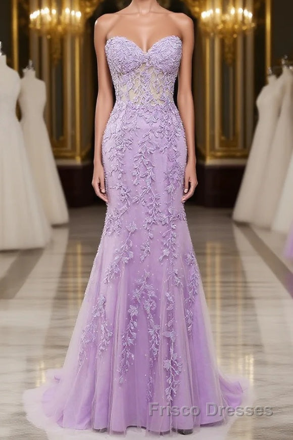 Purple Sweetheart Neck Mermaid Formal Prom Dresses With Appliques