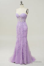 Purple Sweetheart Neck Mermaid Formal Prom Dresses With Appliques