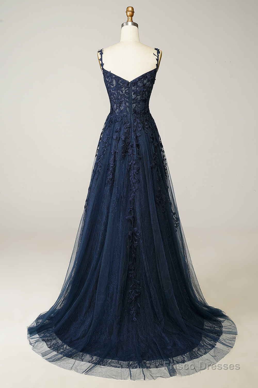 A Line Spaghetti Straps Navy Prom Dress with Appliques Secondary image