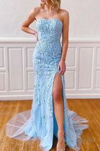 Pink Strapless Lace Long Prom Dress with Slit