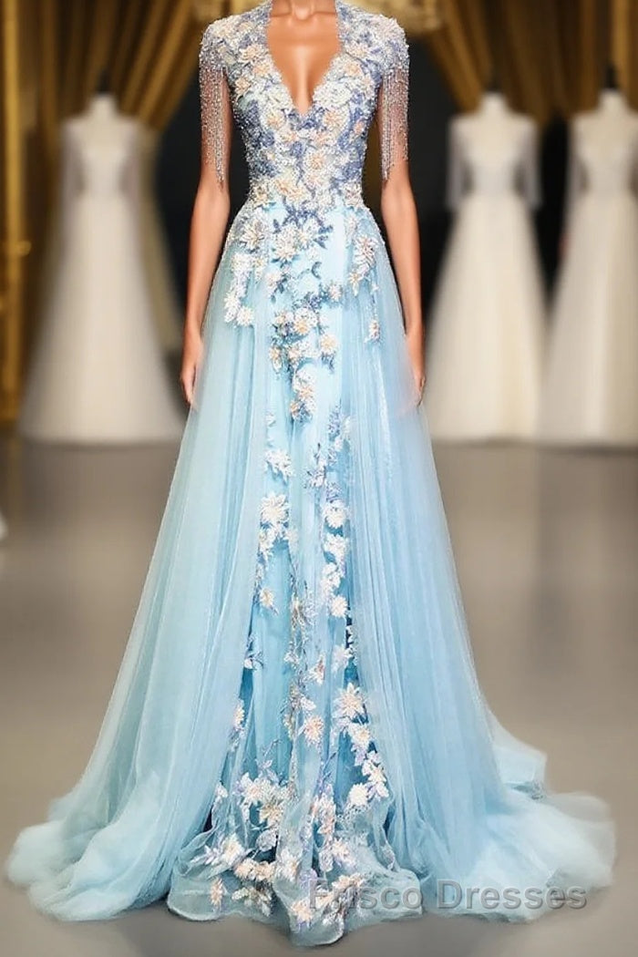 Modest Square Neckline Beading Appliques Sky Blue Long Formal Prom Dress Pageant Gown