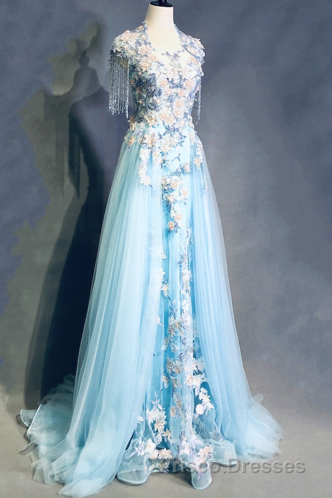 Modest Square Neckline Beading Appliques Sky Blue Long Formal Prom Dress Pageant Gown