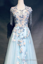 Modest Square Neckline Beading Appliques Sky Blue Long Formal Prom Dress Pageant Gown