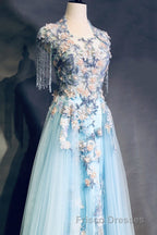 Modest Square Neckline Beading Appliques Sky Blue Long Formal Prom Dress Pageant Gown