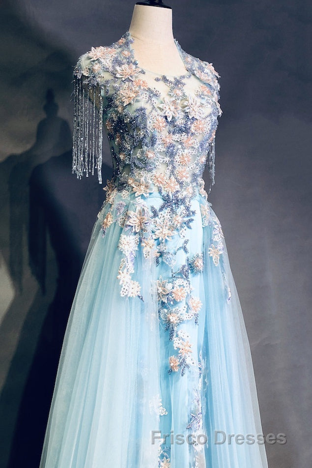 Modest Square Neckline Beading Appliques Sky Blue Long Formal Prom Dress Pageant Gown