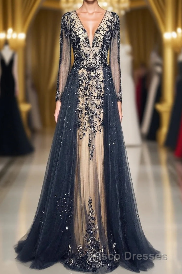 Luxury Long Sleeves V-neck Long Formal Prom Dress Overskirt Mother Formal Prom Dress