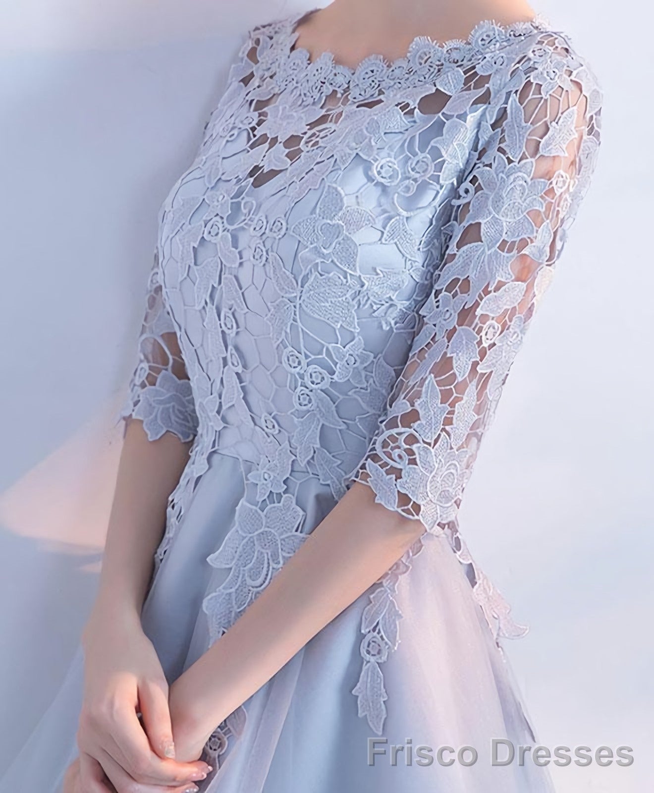 Gray Lace Tulle High Low Prom Dress Lace Evening Dress Secondary image