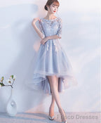 Gray Lace Tulle High Low Prom Dress Lace Evening Dress