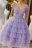 A-line Applique Lilac Tulle Short Homecoming Dress With Layered
