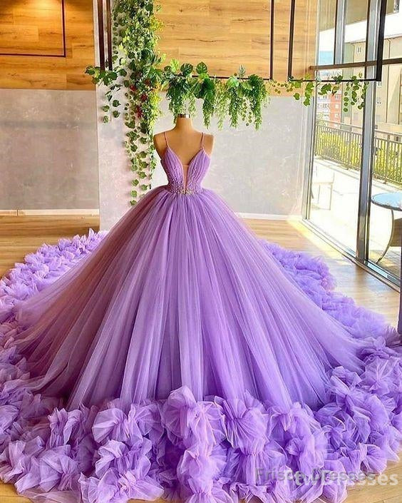 spaghetti straps lavender beading bodice tulle evening dress with handmade flowers Main image