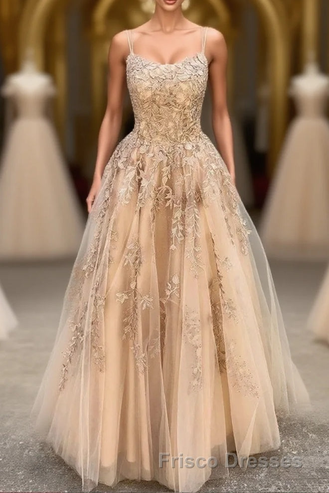Hottest Elegant Spaghetti Straps Backless Lace Long Princess Formal Prom Dress For Teens Main image