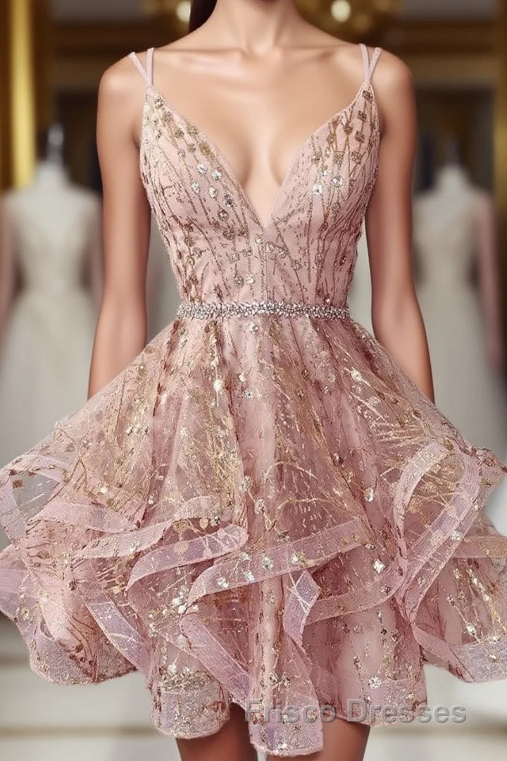 Cute Sequins Pink Homecoming Dress V-neck Beaded Short Formal Prom Dress