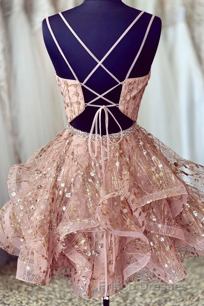 Cute Sequins Pink Homecoming Dress V-neck Beaded Short Formal Prom Dress Secondary image