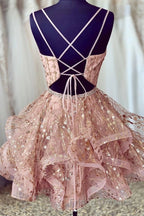Cute Sequins Pink Homecoming Dress V-neck Beaded Short Formal Prom Dress