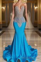 Ocean blue sleeveless mermaid Formal Prom Dresses with long beadings