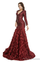 Prom Dress, Long V Neck Prom Gowns Full Sleeve Formal Dresses, Floor Length Dress