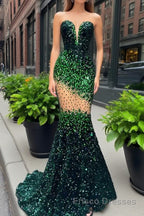 V-Neck Sequins Formal Prom Dresses Mermaid Sleeveless Crystal.