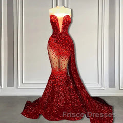 Red Mermaid Style Formal Prom Dresses with Sweetheart Sequins and Ruffle