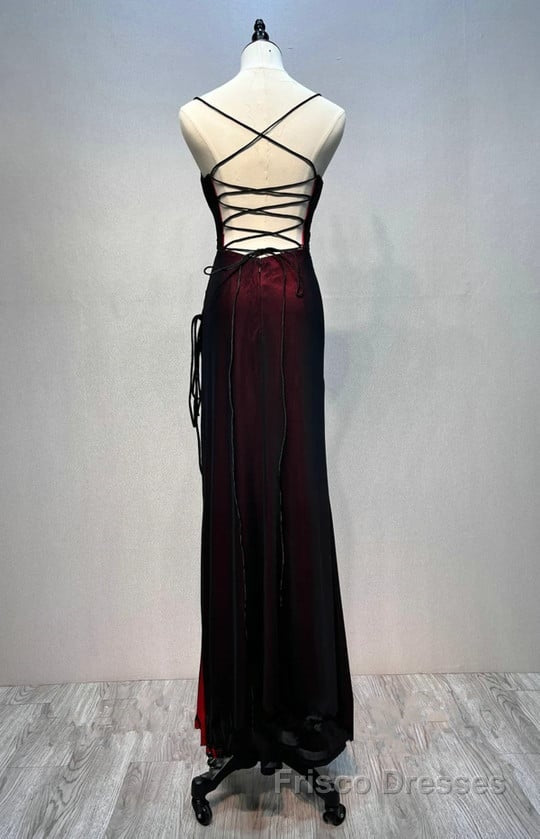Black And Red Mermaid Straps Long Evening Dresses, Long Formal Prom Dresses With Leg Slit