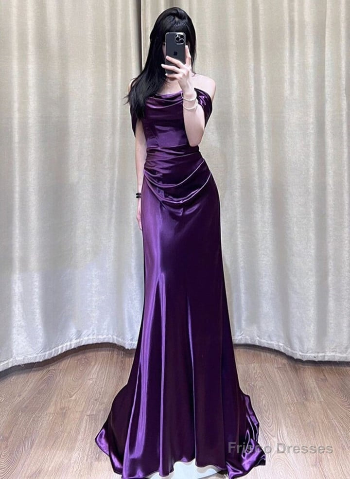Purple Satin Off Shoulder Long Evening Dress, Purple Satin Prom Dress Main image