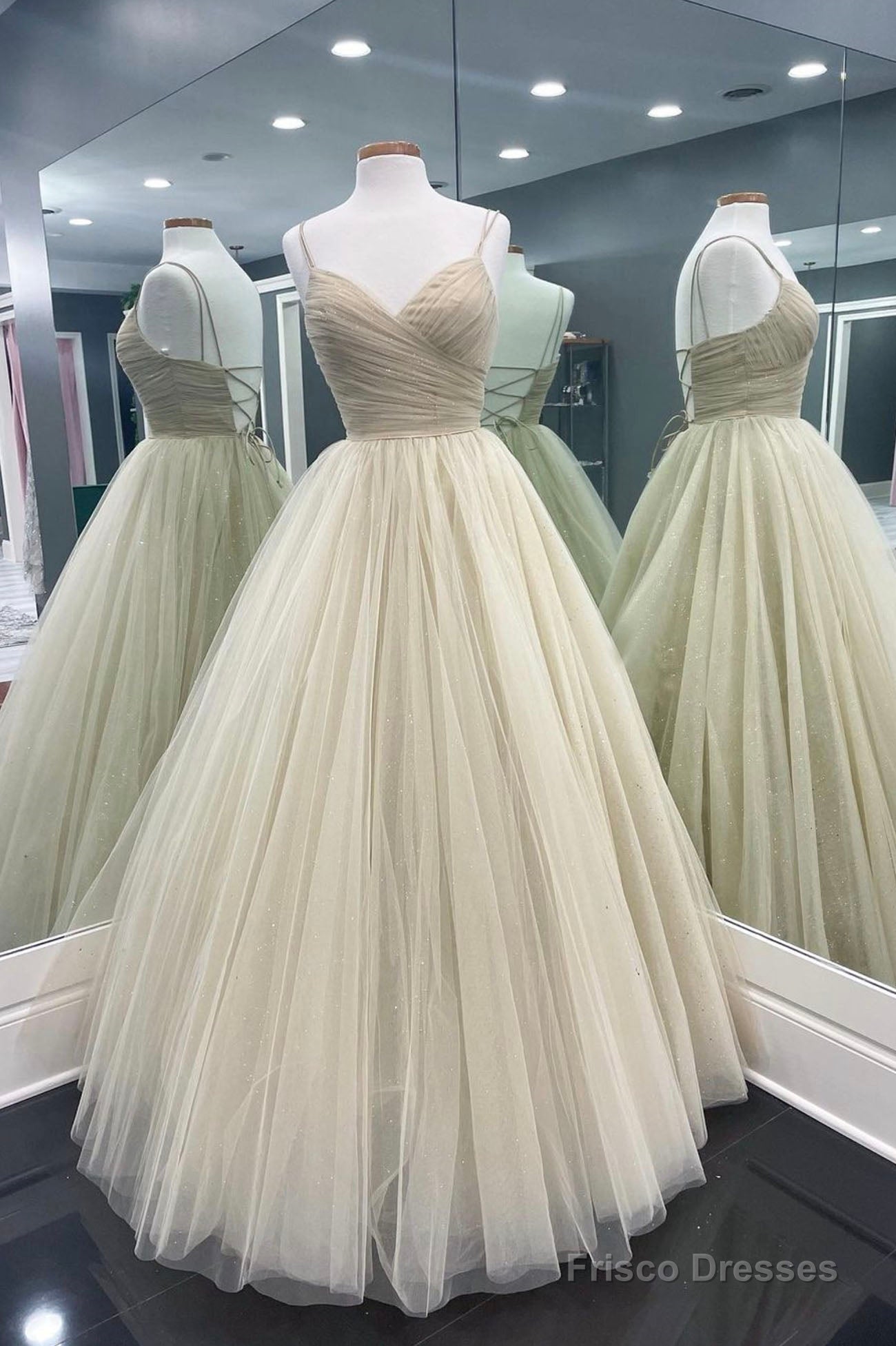 Cute Tulle Long A-Line Prom Dresses, Backless Formal Evening Dresses Main image