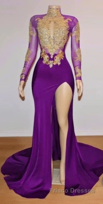 Unique Formal Prom Dress, Long Sleeve High Neck Beaded Split Formal Prom Dress Secondary image