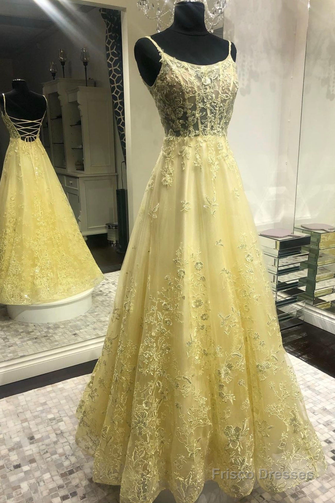 Yellow Lace Long Prom Dresses, Yellow Spaghetti Straps Graduation Dresses Main image