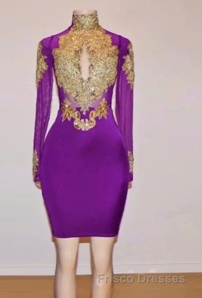 Unique Formal Prom Dress, Long Sleeve High Neck Beaded Split Formal Prom Dress