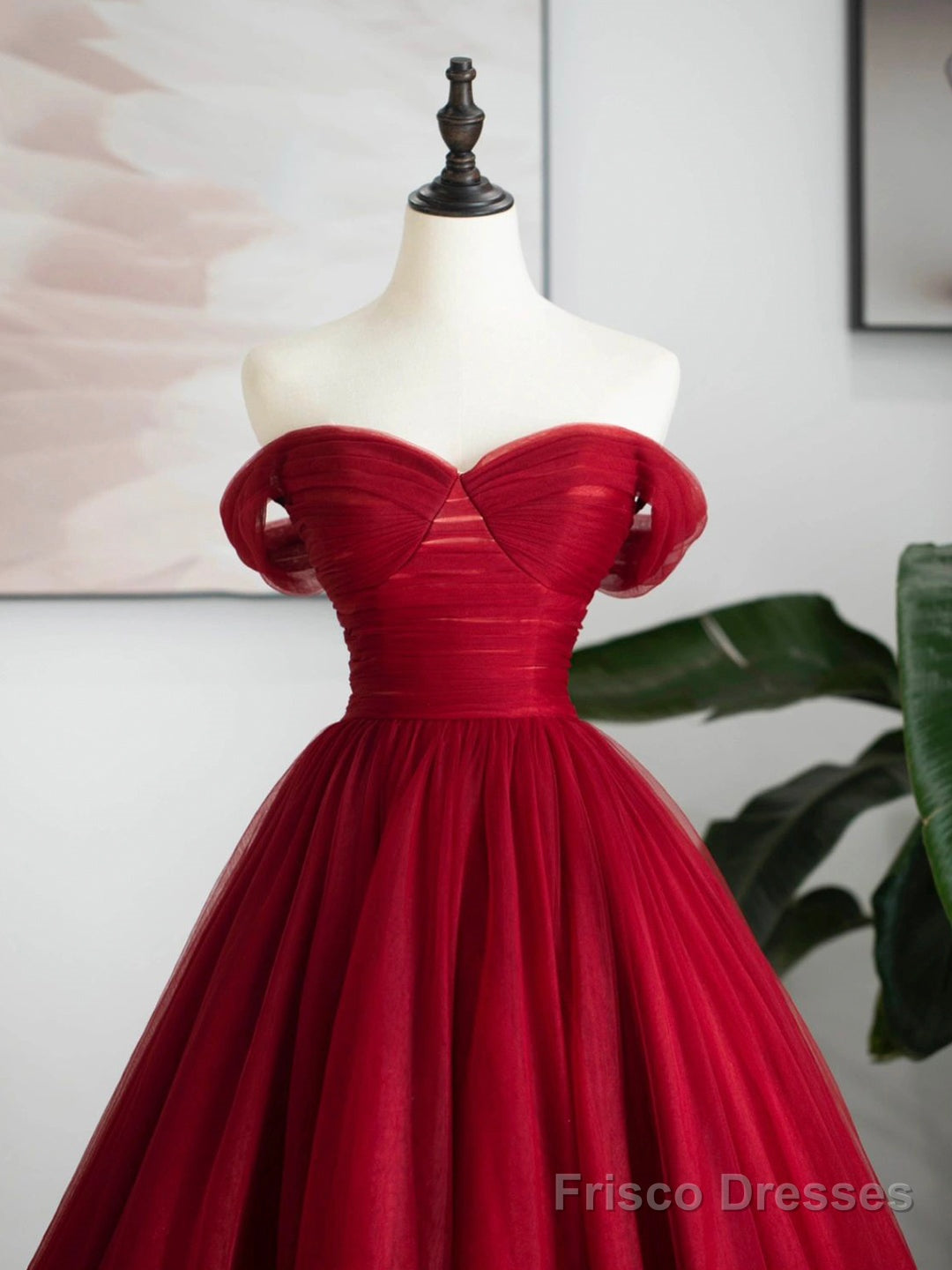 Burgundy Tulle Long Formal Dress, Off Shoulder Evening Dress Party Dress Secondary image