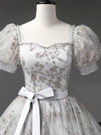 Gray Tulle Sequins Long Prom Dress, A-Line Short Sleeve Evening Dress