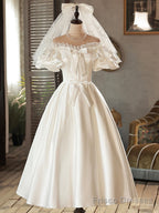 White Satin Lace Short Prom Dress, White Evening Dress, Wedding Dress