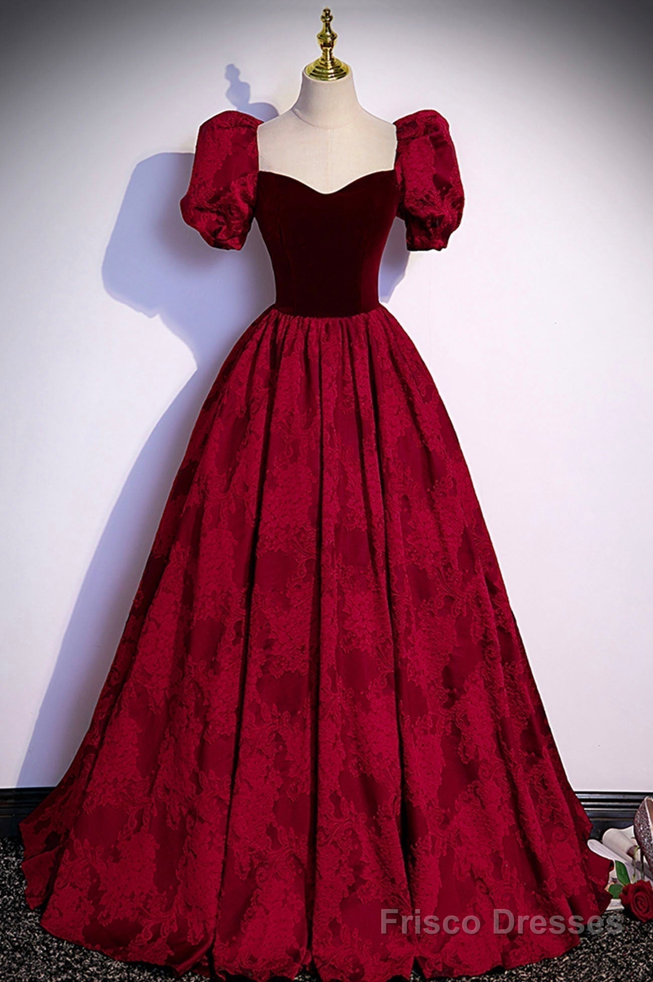 Burgundy Velvet Long A-Line Prom Dress, Short Sleeve Evening Dress Main image