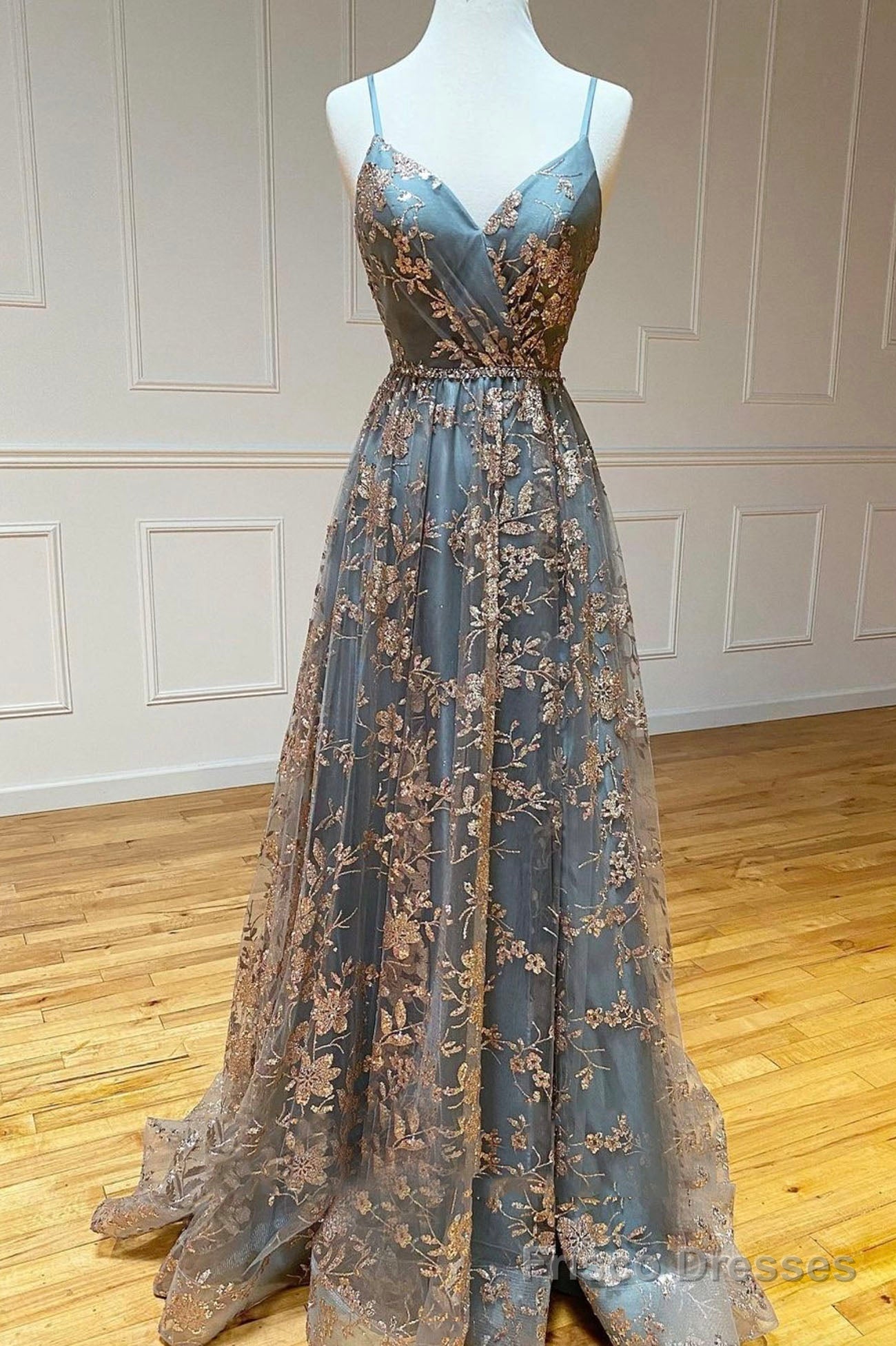 Grey Tulle Sequins Long Prom Dresses, A-Line Spaghetti Straps Evening Dresses Main image
